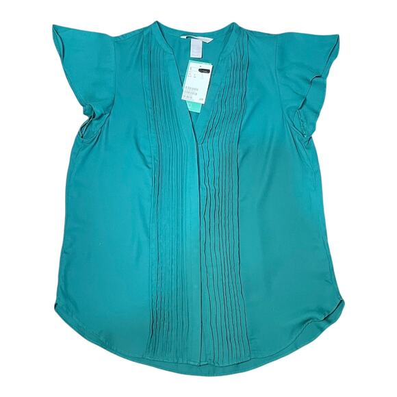 H&M Teal Green Flutter Sleeve Blouse NWT Size 6 EUR 38 V-Neck Tuxedo Pleat - Picture 7 of 10